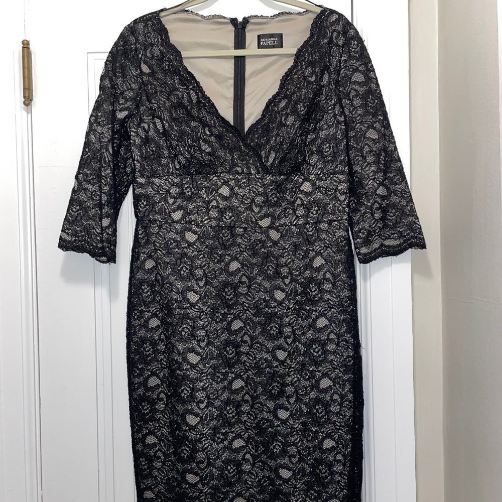 Adrianna Papell Black Lace Nude Lining Cocktail Dress. Size 12.